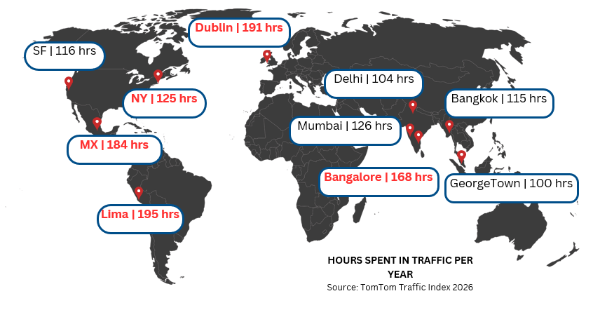 Hours Spent in Traffic Per Year - World Map